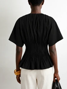 SHEIN Stylify 女款法式優雅極簡休閒軟調黑色棉質春夏新款收腰百褶設計顯瘦襯衫上衣，適合辦公室與早午餐 - 黑色 - 查看 2