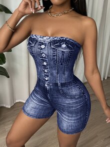 BamGleam Fangni Denim Effect Full-Body Printing Jumpsuit With Strapless Corset Design - Dark Wash - View 8