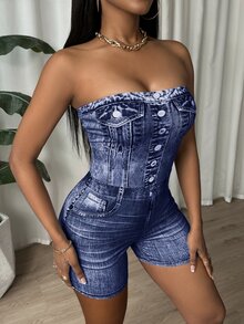 BamGleam Fangni Denim Effect Full-Body Printing Jumpsuit With Strapless Corset Design - Dark Wash - View 7