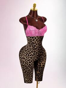 Amplova Women's Leopard Print 3/4 Length Pants With Lace Cup, Spaghetti Strap, Criss-Cross Back, Sexy Fitted Style, Suitable For Autumn/Winter Daily Casual Wear - Brown - View 11