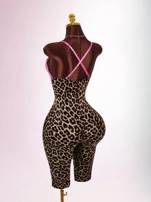 Amplova Women's Leopard Print 3/4 Length Pants With Lace Cup, Spaghetti Strap, Criss-Cross Back, Sexy Fitted Style, Suitable For Autumn/Winter Daily Casual Wear - Brown - View 14