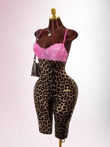 Amplova Women's Leopard Print 3/4 Length Pants With Lace Cup, Spaghetti Strap, Criss-Cross Back, Sexy Fitted Style, Suitable For Autumn/Winter Daily Casual Wear - Brown - View 7
