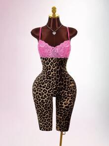 Amplova Women's Leopard Print 3/4 Length Pants With Lace Cup, Spaghetti Strap, Criss-Cross Back, Sexy Fitted Style, Suitable For Autumn/Winter Daily Casual Wear - Brown - View 5