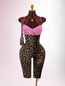 Amplova Women's Leopard Print 3/4 Length Pants With Lace Cup, Spaghetti Strap, Criss-Cross Back, Sexy Fitted Style, Suitable For Autumn/Winter Daily Casual Wear - Brown - View 2