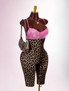 Amplova Women's Leopard Print 3/4 Length Pants With Lace Cup, Spaghetti Strap, Criss-Cross Back, Sexy Fitted Style, Suitable For Autumn/Winter Daily Casual Wear - Brown - View 10
