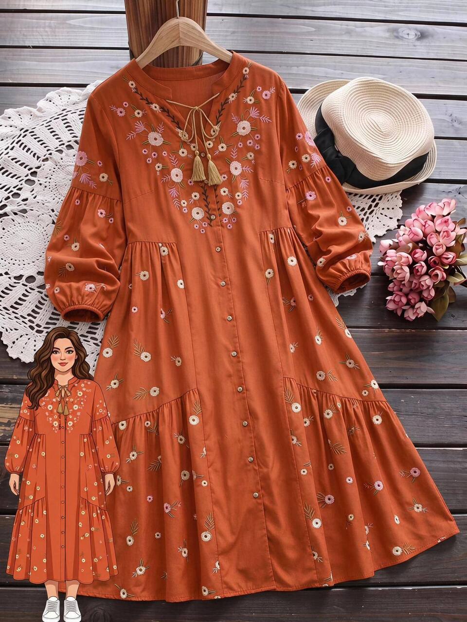 Plus Size Floral Print Button Pleated Long Sleeve Vacation Dress Fall