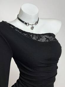SHEIN PETITE 女款長袖蕾絲拼接設計針織純色上衣，復古小眾百搭修身T恤，秋冬款，適合嬌小女性 - 黑色 - 查看 5