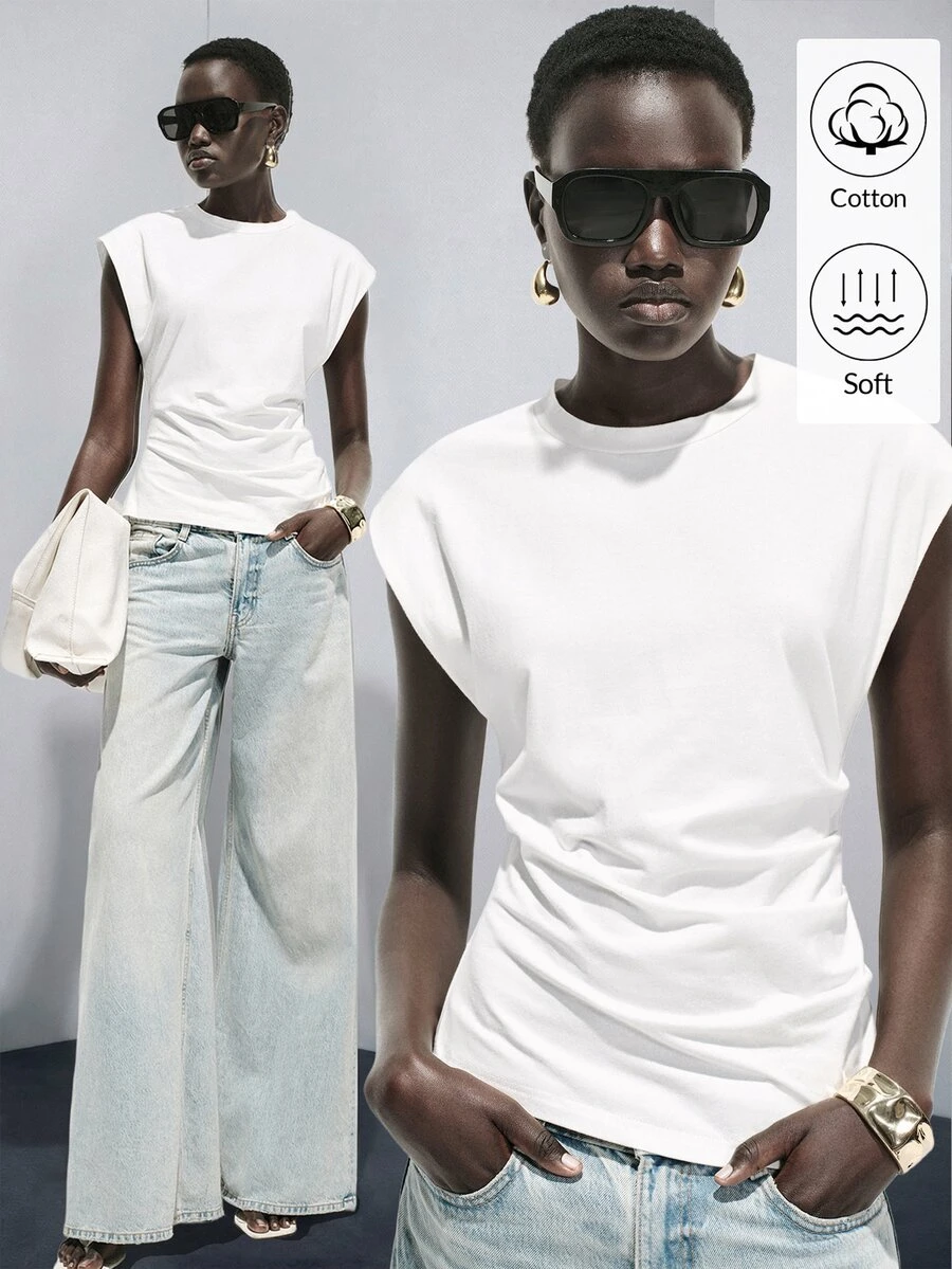Lumivelle Women's Spring/Summer New Pure Cotton Round Neck Ruched Casual/Work T-Shirt, White - White - View 1