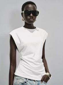 Lumivelle Women's Spring/Summer New Pure Cotton Round Neck Ruched Casual/Work T-Shirt, White - White - View 6