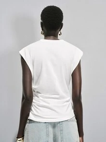 Lumivelle Women's Spring/Summer New Pure Cotton Round Neck Ruched Casual/Work T-Shirt, White - White - View 2