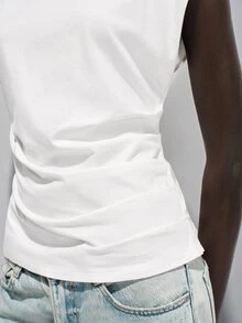 Lumivelle Women's Spring/Summer New Pure Cotton Round Neck Ruched Casual/Work T-Shirt, White - White - View 7