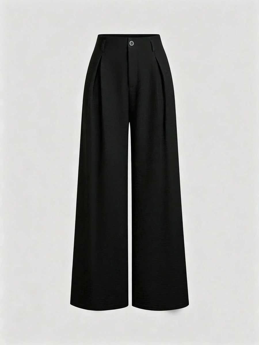 EMERY ROSE Plus Size Women's New Casual Fashion Versatile Vintage Elegant Faux Linen Waist-Cinching Straight-Leg Slimming Wide-Leg Long Pants Fall - Black - View 1