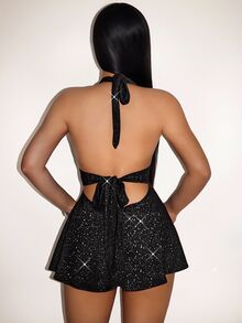 VaVaBold Black Tight-Fitting Romper With Deep V-Neck, Backless Strap New Years Sexy Club Holiday Party Outfits Women - Black - View 2