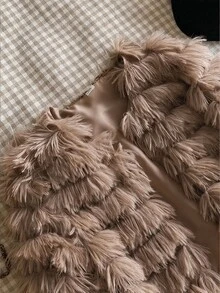 SHEIN Sparklyn 青少年女孩純色長袖開襟毛絨外套 - 卡其色 - 查看 5