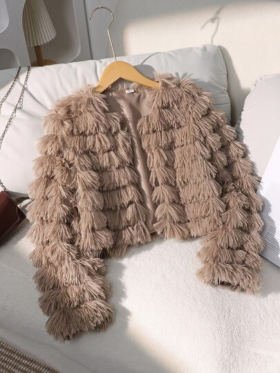 SHEIN Sparklyn جاكيت مفتوح من الأمام بأكمام طويلة بلون موحد من الفرو الناعم للفتيات المراهقات