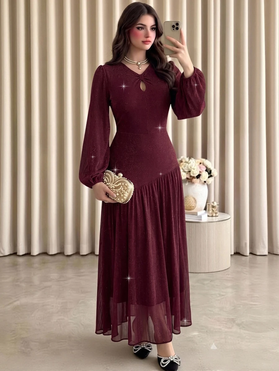 Modelyn 優雅迷人網紗亮線圓領長袖修身標準版大尺碼春秋洋裝 - 酒紅色 - 查看 1