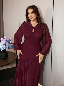 Modelyn 優雅迷人網紗亮線圓領長袖修身標準版大尺碼春秋洋裝 - 酒紅色 - 查看 7