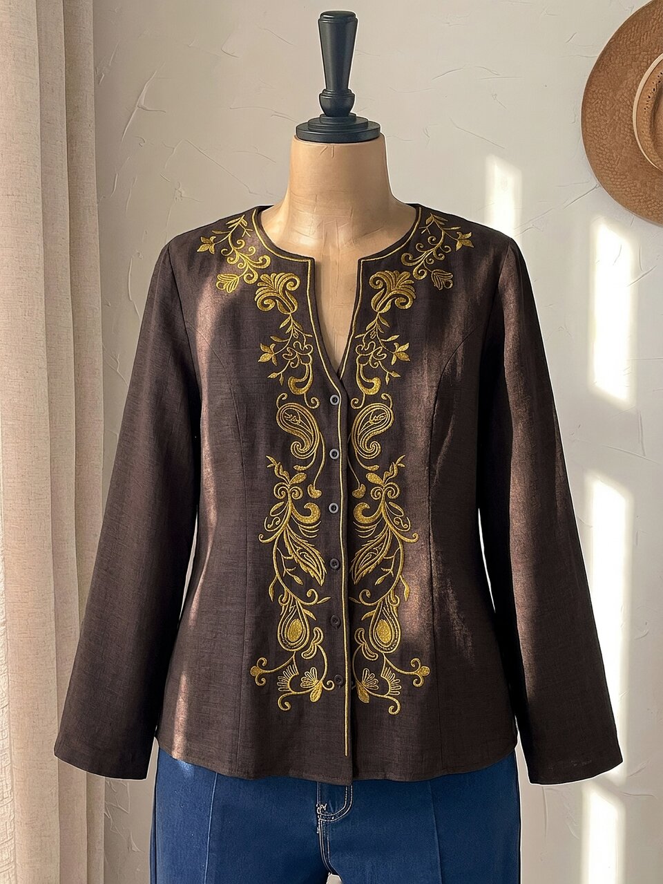 Plus Size Cashew Print Notched V-Neck Long Sleeve Blouse Black And Gold Vintage Elegant 1920s 90s Vacation Wedding Guest Formal Autumn Events Fall