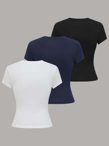 Lalippa 3pcs Embroidered Slim Fit Women T-Shirts, Multicolor - Multicolor - View 2