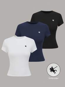 Lalippa 3pcs Embroidered Slim Fit Women T-Shirts, Multicolor - Multicolor - View 1