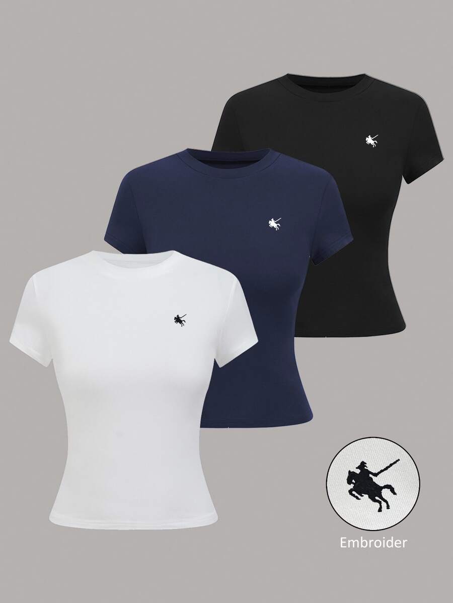Lalippa 3pcs Embroidered Slim Fit Women T-Shirts, Multicolor - Multicolor - View 1