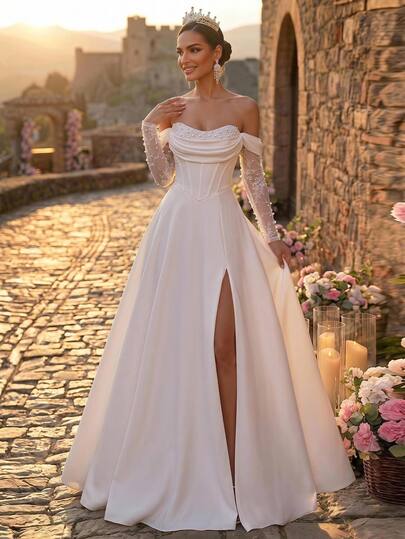 Glamrae Elegant Luxurious Romantic White Stretch Knit Contrast Lace Open Shoulder Sheer Lace Long Sleeve Pleated Cowl Neck Heavy Beaded Decoration V-Waist A-Line Dress Side High Slit Suitable For All Formal Occasions Wedding Events Women's Bridal Wedding Dress