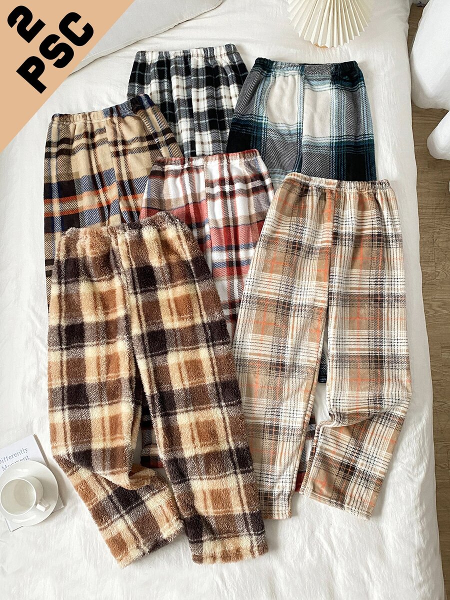 SHEIN 青少年男孩簡約優雅休閒基礎款復古格紋印花絨毛長褲2件套家居睡褲家庭居家棕色格紋秋季 - 彩色 - 查看 1