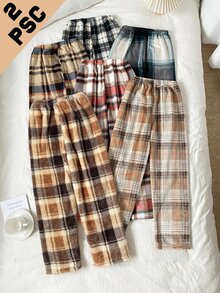 SHEIN 青少年男孩簡約優雅休閒基礎款復古格紋印花絨毛長褲2件套家居睡褲家庭居家棕色格紋秋季 - 彩色 - 查看 2