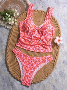 SHEIN Swim Women's Summer New Beach Vacation Cute Contrasting Color Asymmetrical Random Floral Print Lace Trim Sexy Hollow Tie Tankini Two Pieces Swimwear - Multicolor - View 4