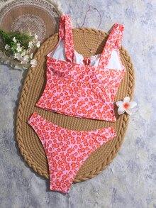 SHEIN Swim Women's Summer New Beach Vacation Cute Contrasting Color Asymmetrical Random Floral Print Lace Trim Sexy Hollow Tie Tankini Two Pieces Swimwear - Multicolor - View 2