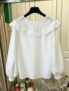SHEIN 女孩甜美白色上衣，鏤空蕾絲大彼得潘領，前領結單排扣長泡泡袖上衣，寬鬆版型 - 白色 - 查看 2