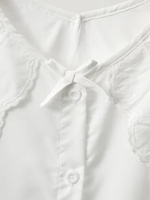 SHEIN 女孩甜美白色上衣，鏤空蕾絲大彼得潘領，前領結單排扣長泡泡袖上衣，寬鬆版型 - 白色 - 查看 5