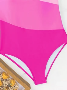 SHEIN Swim Summer Beach Colorblock One Shoulder Cut Out One Piece Swimsuit - Pink - View 4