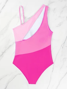 SHEIN Swim Summer Beach Colorblock One Shoulder Cut Out One Piece Swimsuit - Pink - View 2