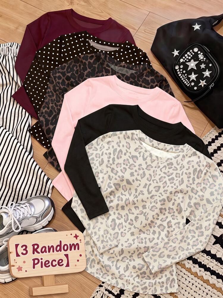 Tween Girls Waist-Cinching Long Sleeve Top, 3 Floral Patterns Available: Light Grey Leopard Print, Dark Brown Leopard Print, Black With White Polka Dots, Classic Long Sleeve Round Neck Design, Waist-Cinching Design On Both Sides Of The Body, Suitable For Spring/Autumn Single Wear, Fall/Winter Layering, Daily School Commute, Shopping, Travel, Photography And More - Multicolor - View 6