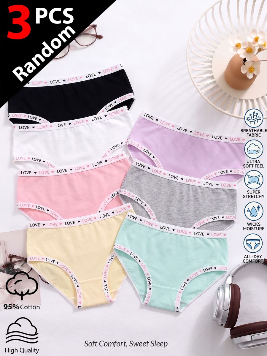 SHEIN 3pcs Random Assorted Colors Girls Toddler Love Ribbon Cute Sweet Soft Cotton Minimalist Triangle Panties - Multicolor - View 1