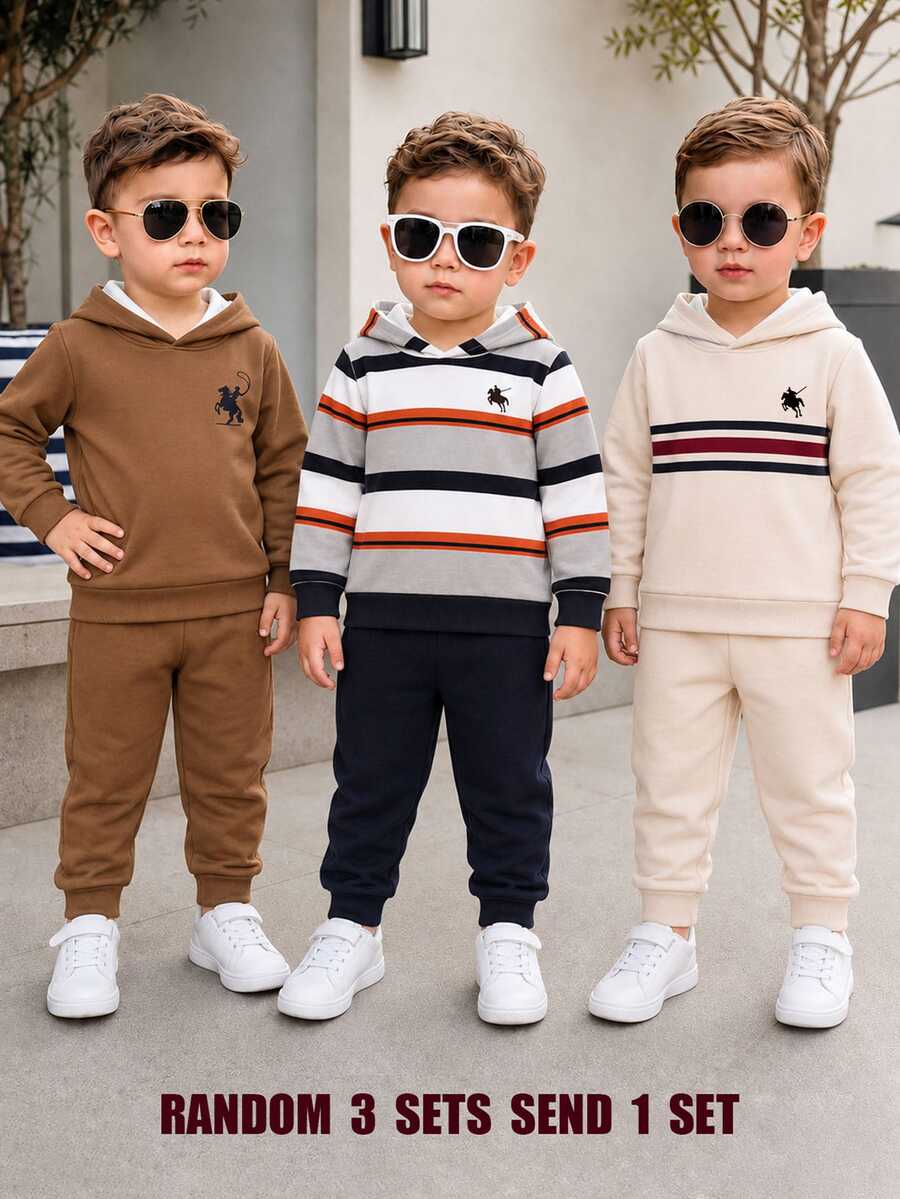 SHEIN Playful Pals Setelan 2 Potong untuk Balita & Bayi Laki-laki: Kaos Lengan Panjang Berkerudung + Celana Jogger, Gaya Berkerudung Dasar, Manset dan Ujung Bawah Bergaris Warna Senada, Logo Bordir Penunggang Kuda Hitam di Dada Kiri, Sederhana & Klasik, Celana Jogger Warna Polos Senada dengan Manset Bergaris, Potongan Rapi & Rapi - MultiWarna - View 1