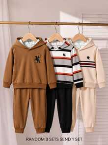SHEIN Playful Pals Setelan 2 Potong untuk Balita & Bayi Laki-laki: Kaos Lengan Panjang Berkerudung + Celana Jogger, Gaya Berkerudung Dasar, Manset dan Ujung Bawah Bergaris Warna Senada, Logo Bordir Penunggang Kuda Hitam di Dada Kiri, Sederhana & Klasik, Celana Jogger Warna Polos Senada dengan Manset Bergaris, Potongan Rapi & Rapi - MultiWarna - View 4