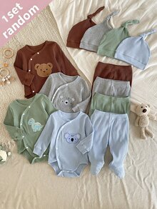 SHEIN Vintaside Kids Random 1set Newborn Baby & Hat Set, Fun Cartoon Pattern Design Loved By Children, Made Of Comfortable Soft Skin-Friendly Fabric - Multicolor - View 1