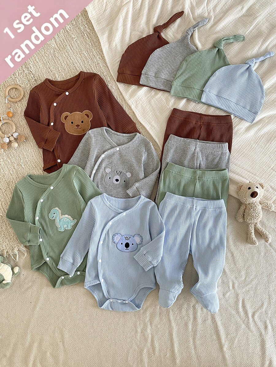SHEIN Vintaside Kids Random 1set Newborn Baby & Hat Set, Fun Cartoon Pattern Design Loved By Children, Made Of Comfortable Soft Skin-Friendly Fabric - Multicolor - View 1