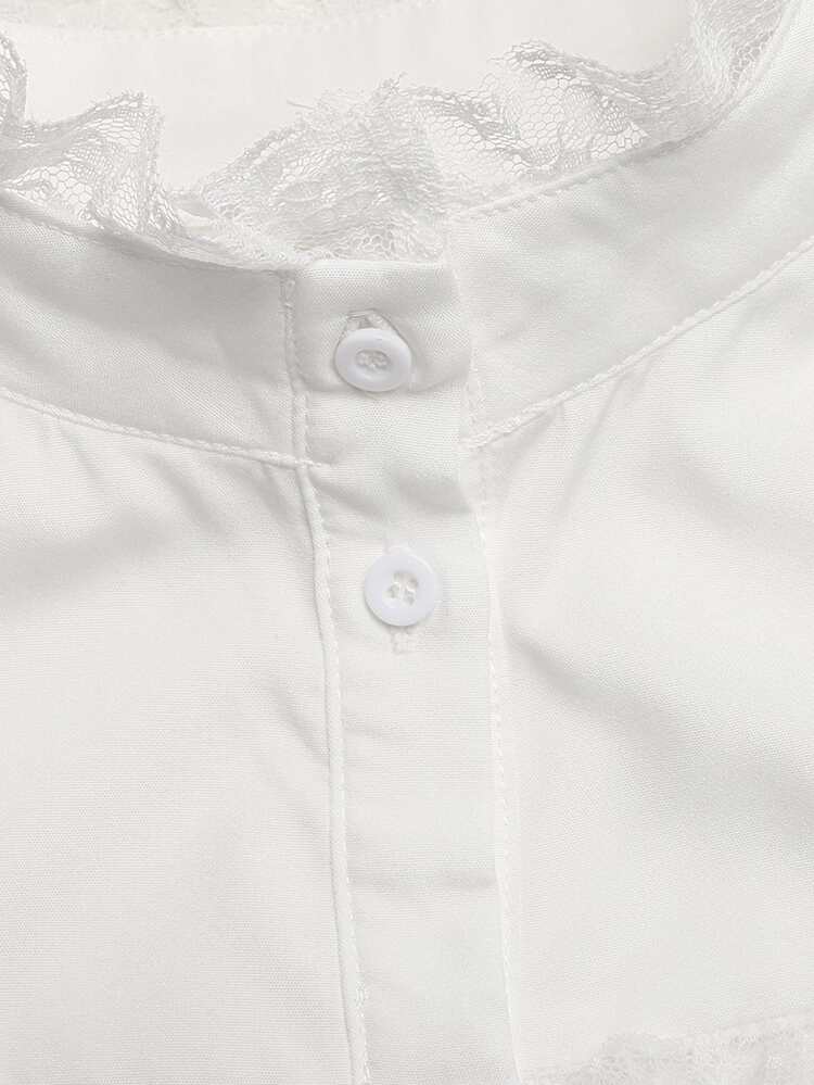 Kids Tween Girl Tween Girls Elegant Ruffle Stand Collar Lantern Sleeve Ruffle Trim Long Sleeve White Blouse, Back To School Preppy Style White Shirt - White - View 6