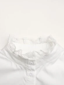 兒童青少年女孩優雅荷葉邊立領燈籠袖荷葉飾邊長袖白色襯衫，返校季學院風白色襯衫 - 白色 - 查看 5