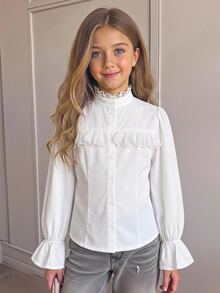兒童青少年女孩優雅荷葉邊立領燈籠袖荷葉飾邊長袖白色襯衫，返校季學院風白色襯衫 - 白色 - 查看 11