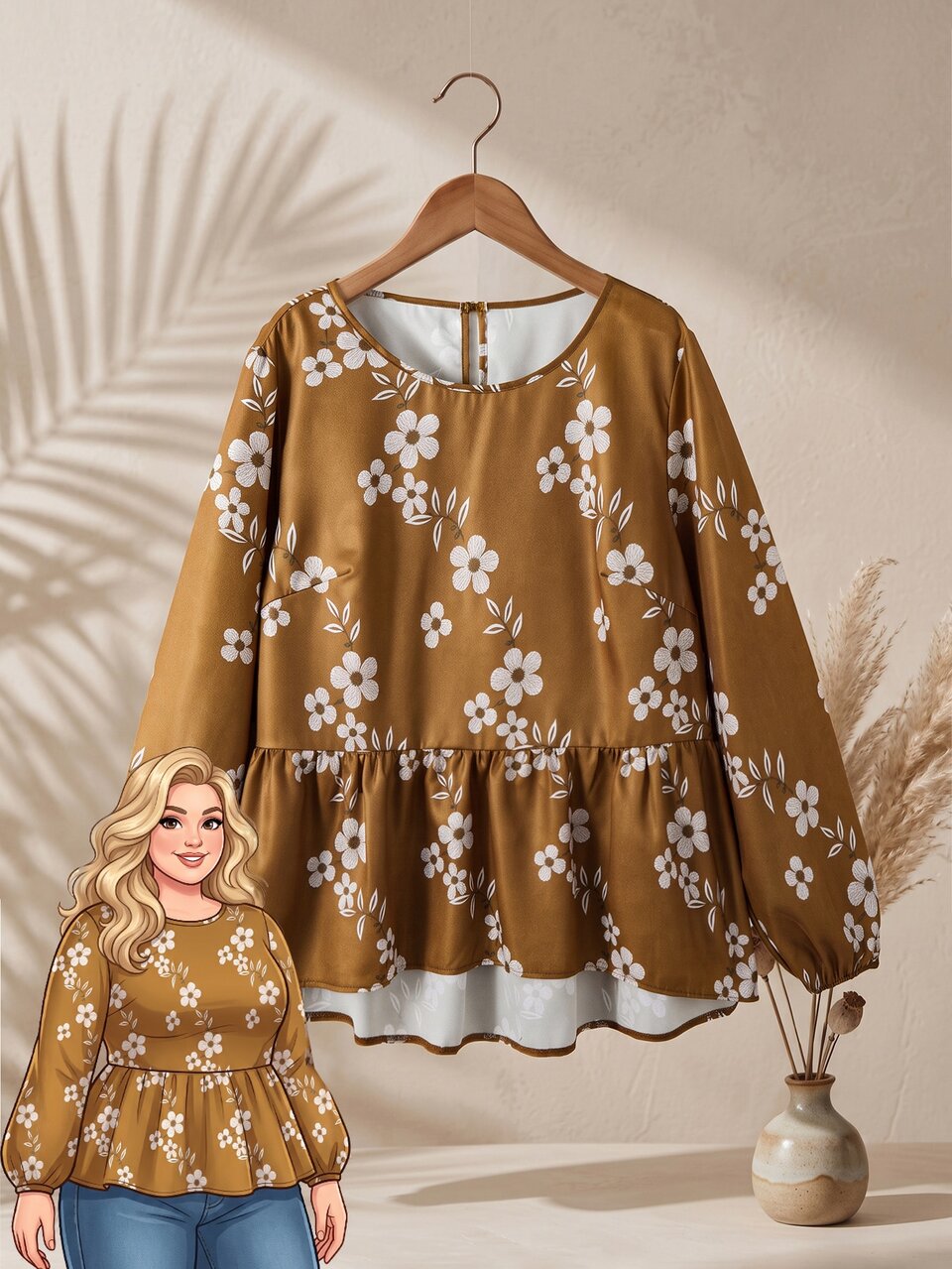 Plus Size Floral Print Ruffle Hem Vacation Shirt Fall