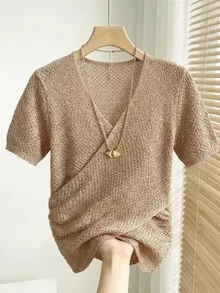 SHEIN Cool Yarn Cross V Knit Tee | Korean Mature Commuter Top For Summer - Chocolate Brown - View 7