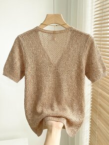 SHEIN Cool Yarn Cross V Knit Tee | Korean Mature Commuter Top For Summer - Chocolate Brown - View 3