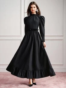 BELROSIE Gaun Wanita Model Fit Flare Maxi Ruffle Kerah Tegak Lengan Panjang Model Puff Kaki Model Mutton dengan Hem Bergelombang Gaya Vintage Elegan Gothic Hitam Polos untuk Acara Makan Malam Musim Gugur Halloween - Hitam - View 4