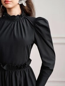 BELROSIE Gaun Wanita Model Fit Flare Maxi Ruffle Kerah Tegak Lengan Panjang Model Puff Kaki Model Mutton dengan Hem Bergelombang Gaya Vintage Elegan Gothic Hitam Polos untuk Acara Makan Malam Musim Gugur Halloween - Hitam - View 6