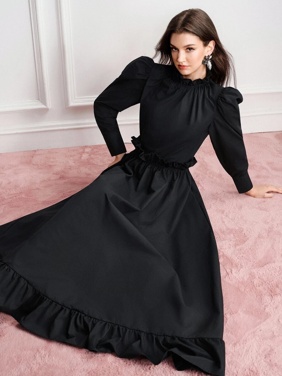 BELROSIE Gaun Wanita Model Fit Flare Maxi Ruffle Kerah Tegak Lengan Panjang Model Puff Kaki Model Mutton dengan Hem Bergelombang Gaya Vintage Elegan Gothic Hitam Polos untuk Acara Makan Malam Musim Gugur Halloween