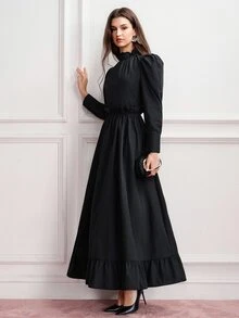 BELROSIE Gaun Wanita Model Fit Flare Maxi Ruffle Kerah Tegak Lengan Panjang Model Puff Kaki Model Mutton dengan Hem Bergelombang Gaya Vintage Elegan Gothic Hitam Polos untuk Acara Makan Malam Musim Gugur Halloween - Hitam - View 8